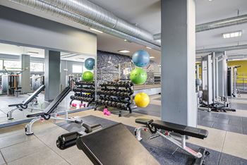 Fitness center with cardio theater, full weights circuit, separate yoga studio/stretching room